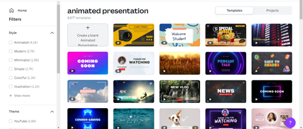 Different types of templates one can find on Canva for animated presentations.